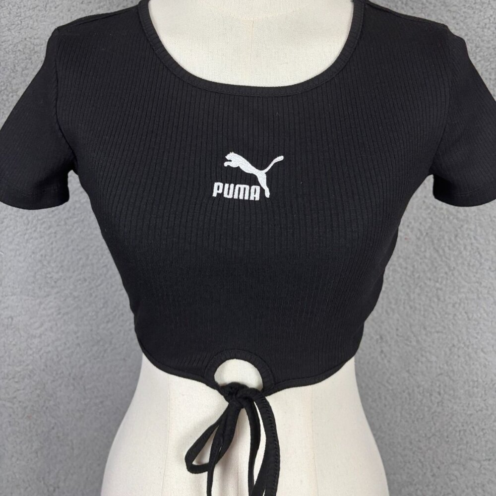 Puma Women's Classic Fit Ribbed Crop Top String Tie Bottom Hem XS Black NWOT's